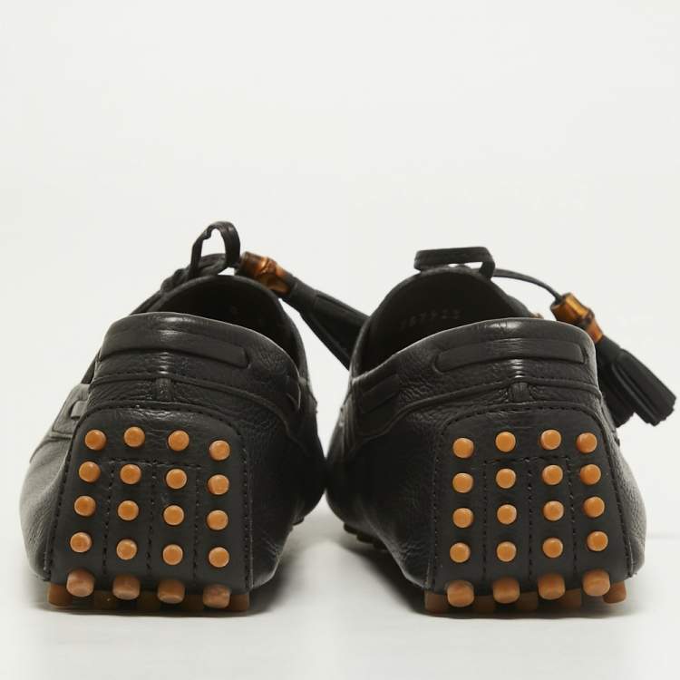 Pre Owned Gucci Black Leather Bamboo Tassel Boat Loafers Size 42