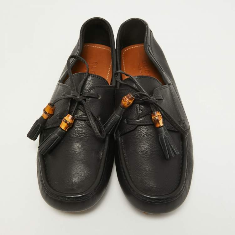 Pre Owned Gucci Black Leather Bamboo Tassel Boat Loafers Size 42