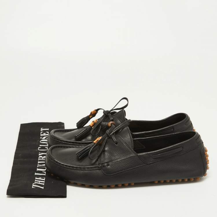Pre Owned Gucci Black Leather Bamboo Tassel Boat Loafers Size 42