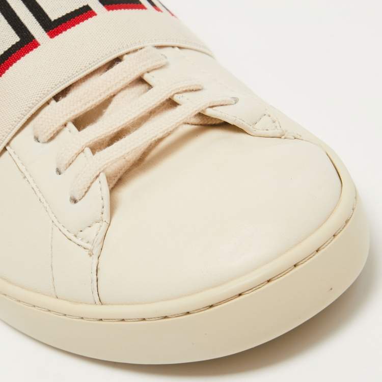Pre Owned Gucci White Leather Logo Elastic Band Ace Sneakers Size 42