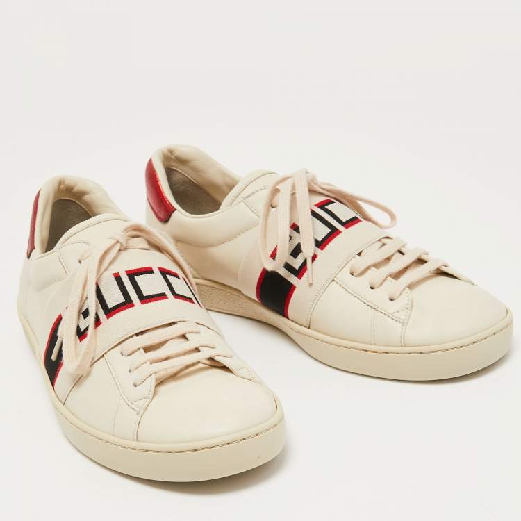 Pre Owned Gucci White Leather Logo Elastic Band Ace Sneakers Size 42