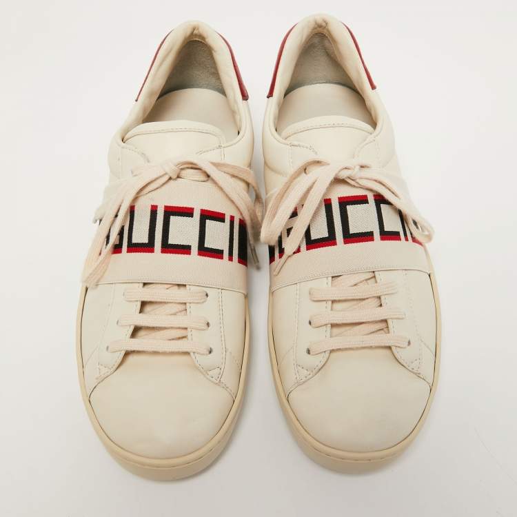 Pre Owned Gucci White Leather Logo Elastic Band Ace Sneakers Size 42