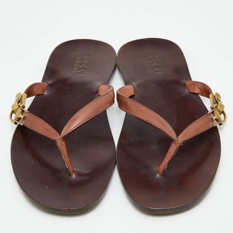 Pre Owned Gucci Brown Leather Thong Flats Size 43