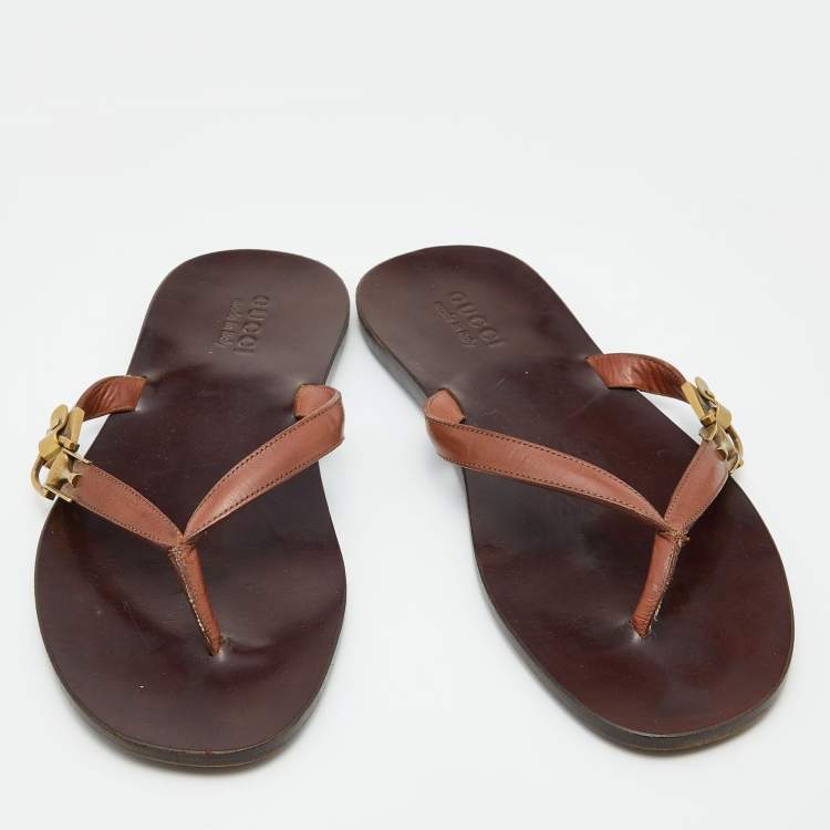 Pre Owned Gucci Brown Leather Thong Flats Size 43