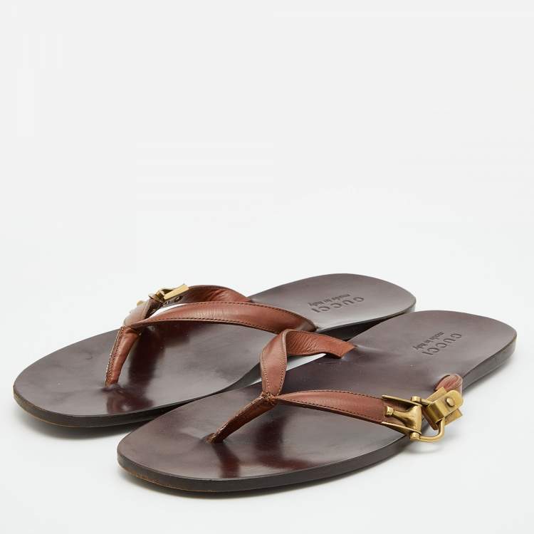 Pre Owned Gucci Brown Leather Thong Flats Size 43