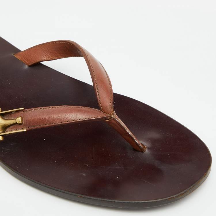 Pre Owned Gucci Brown Leather Thong Flats Size 43
