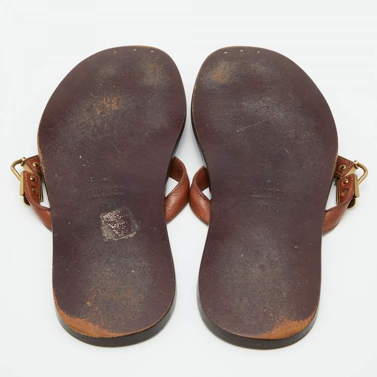 Pre Owned Gucci Brown Leather Thong Flats Size 43