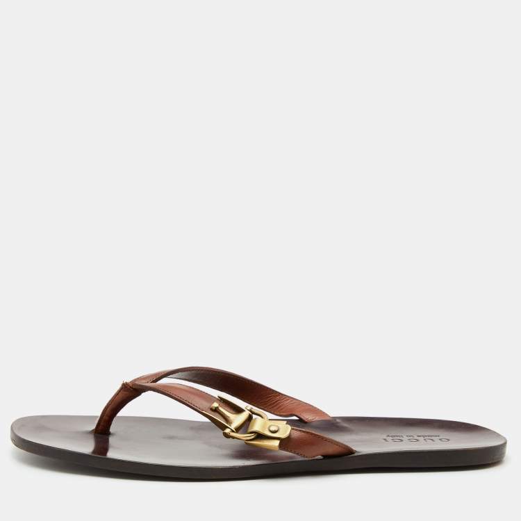 Pre Owned Gucci Brown Leather Thong Flats Size 43