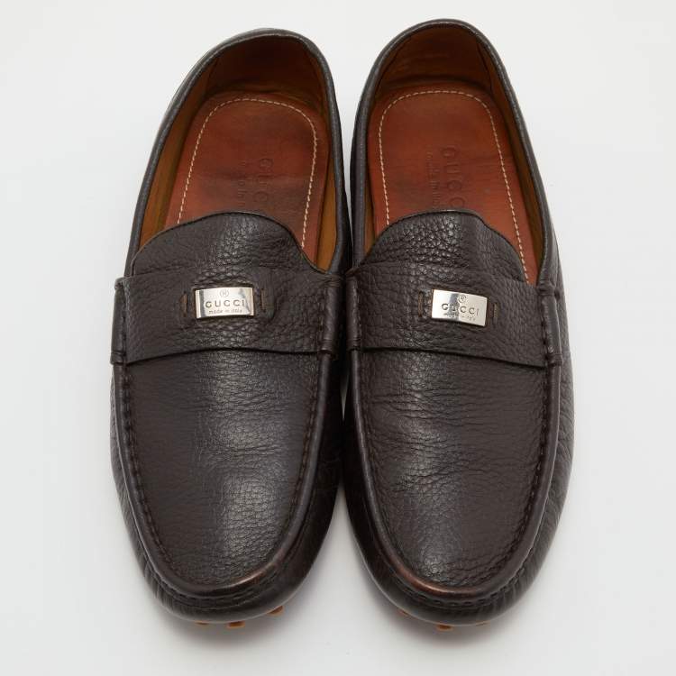 Pre Owned Gucci Dark Brown Leather Slip On Loafers Size 42.5