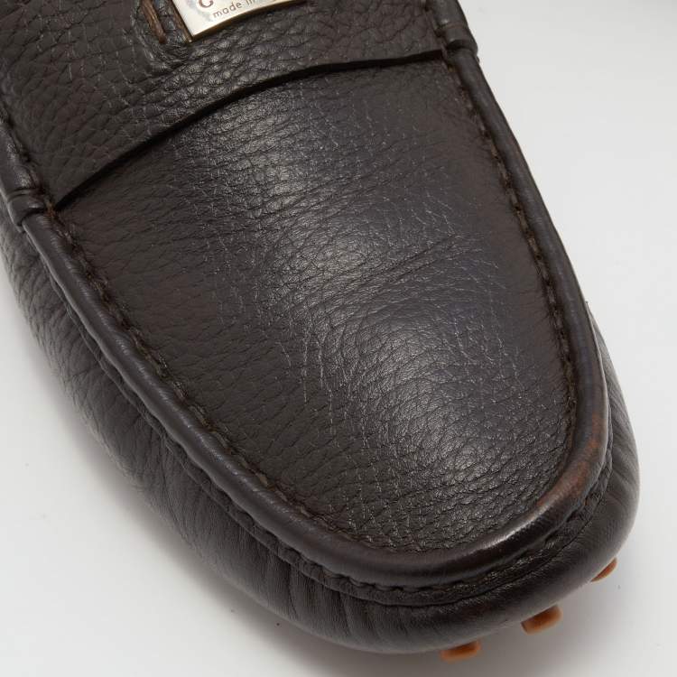 Pre Owned Gucci Dark Brown Leather Slip On Loafers Size 42.5