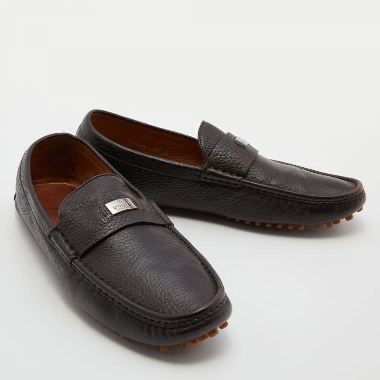Pre Owned Gucci Dark Brown Leather Slip On Loafers Size 42.5