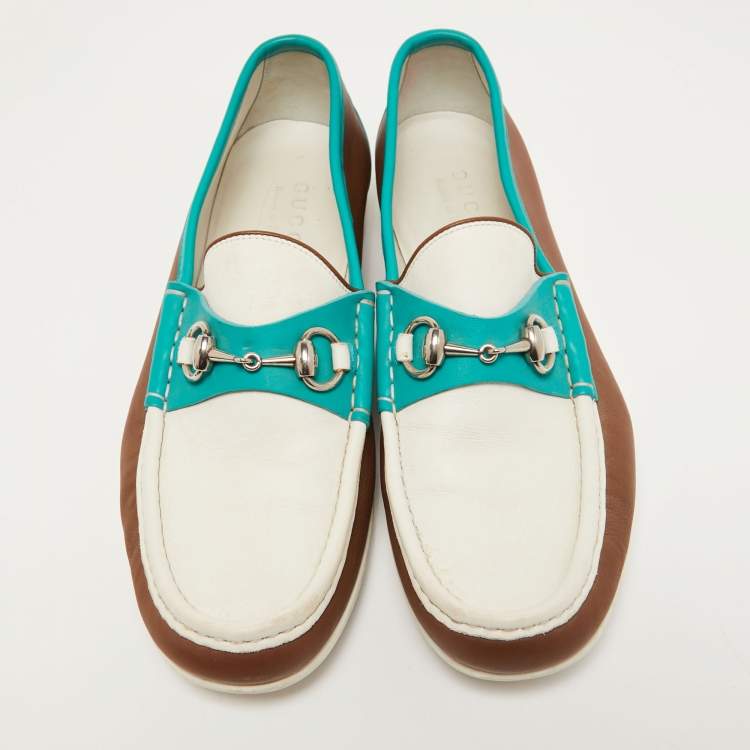 Pre Owned Gucci Tricolor Leather Horsebit Slip On Loafers Size 42
