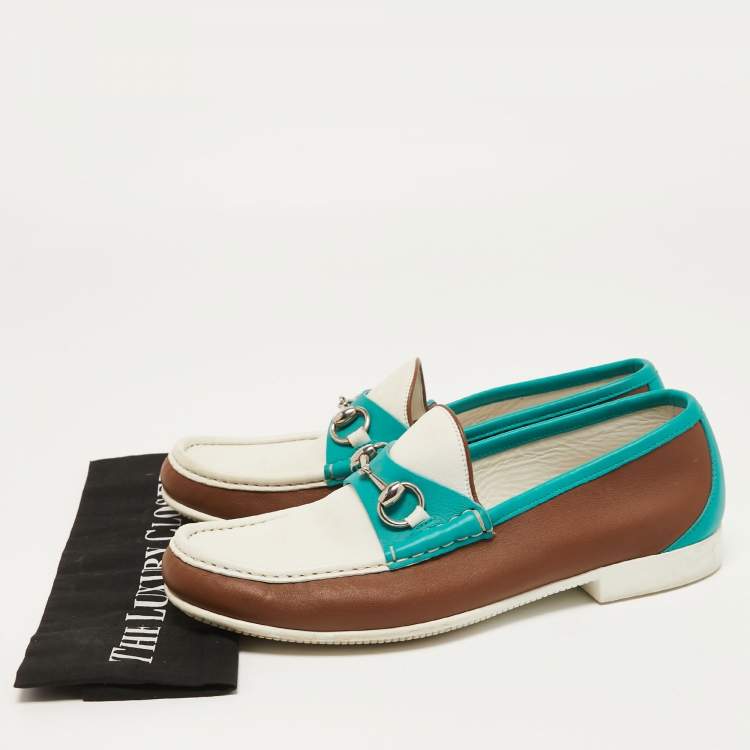 Pre Owned Gucci Tricolor Leather Horsebit Slip On Loafers Size 42