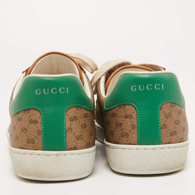 Pre Owned Gucci Brown Leather and Canvas Ace Low Top Sneakers Size 46.5