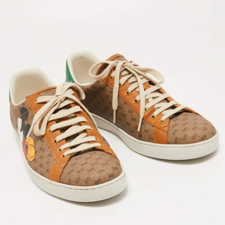 Pre Owned Gucci Brown Leather and Canvas Ace Low Top Sneakers Size 46.5