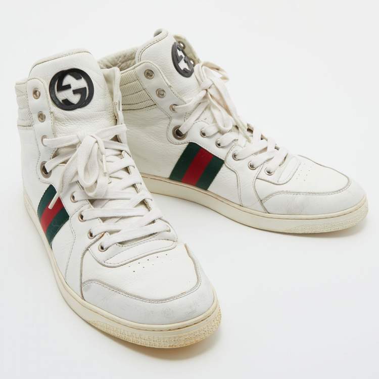 Pre Owned Gucci White Leather Web Detail High Top Sneakers Size 44.5