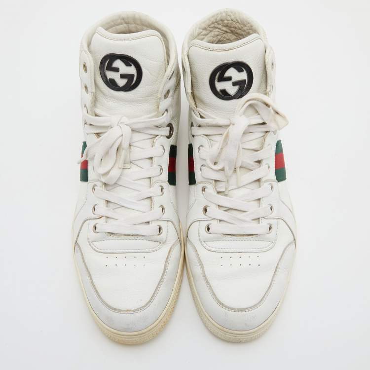 Pre Owned Gucci White Leather Web Detail High Top Sneakers Size 44.5