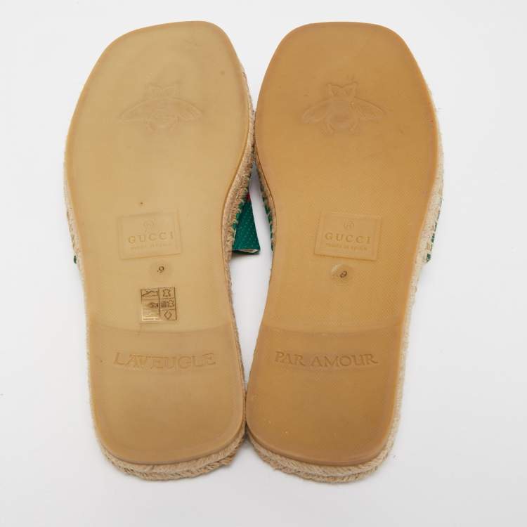 Pre Owned Gucci Green/Red Leather Web Accent Espadrilles Flat Slides Size 43 