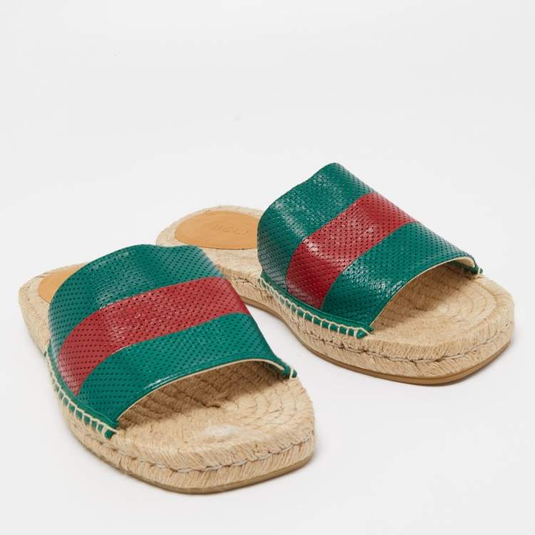 Pre Owned Gucci Green/Red Leather Web Accent Espadrilles Flat Slides Size 43 