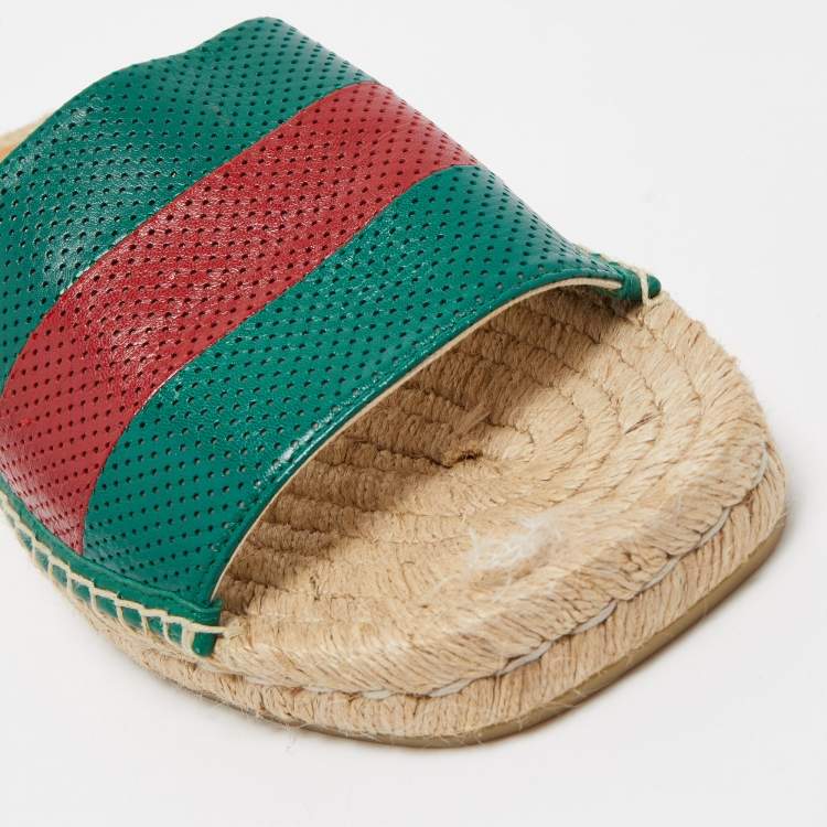 Pre Owned Gucci Green/Red Leather Web Accent Espadrilles Flat Slides Size 43 