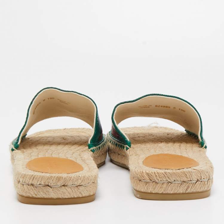 Pre Owned Gucci Green/Red Leather Web Accent Espadrilles Flat Slides Size 43 