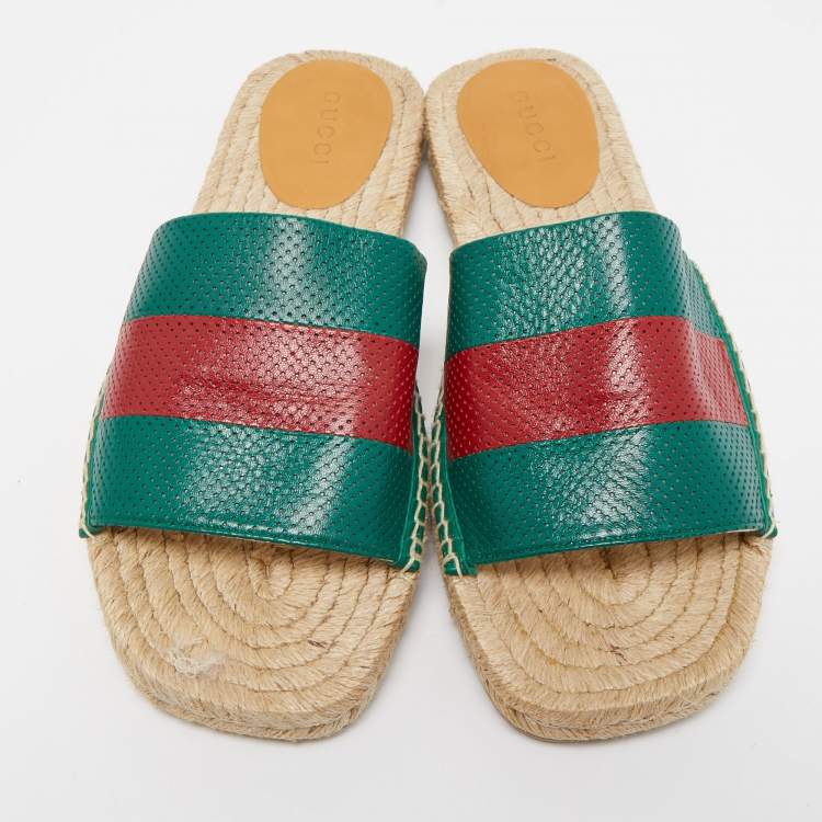 Pre Owned Gucci Green/Red Leather Web Accent Espadrilles Flat Slides Size 43 