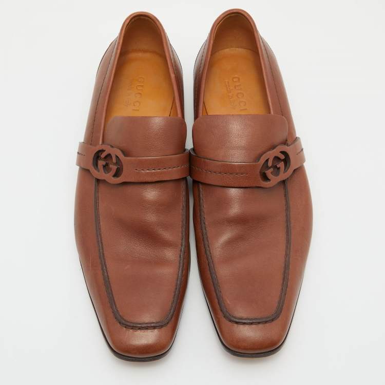 Pre Owned Gucci Tan Leather Interlocking G Slip On Loafers Size 45