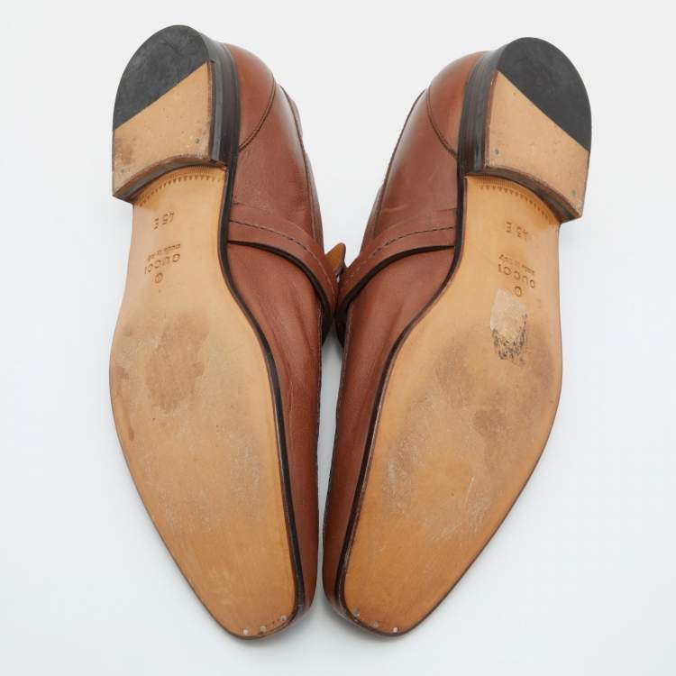 Pre Owned Gucci Tan Leather Interlocking G Slip On Loafers Size 45
