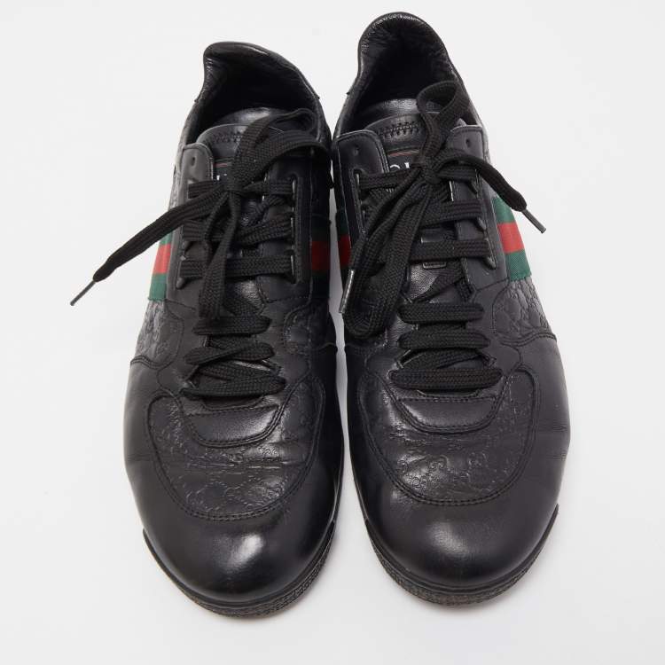 Pre Owned Gucci Black Guccissima Leather Web Low Top Sneakers Size 44