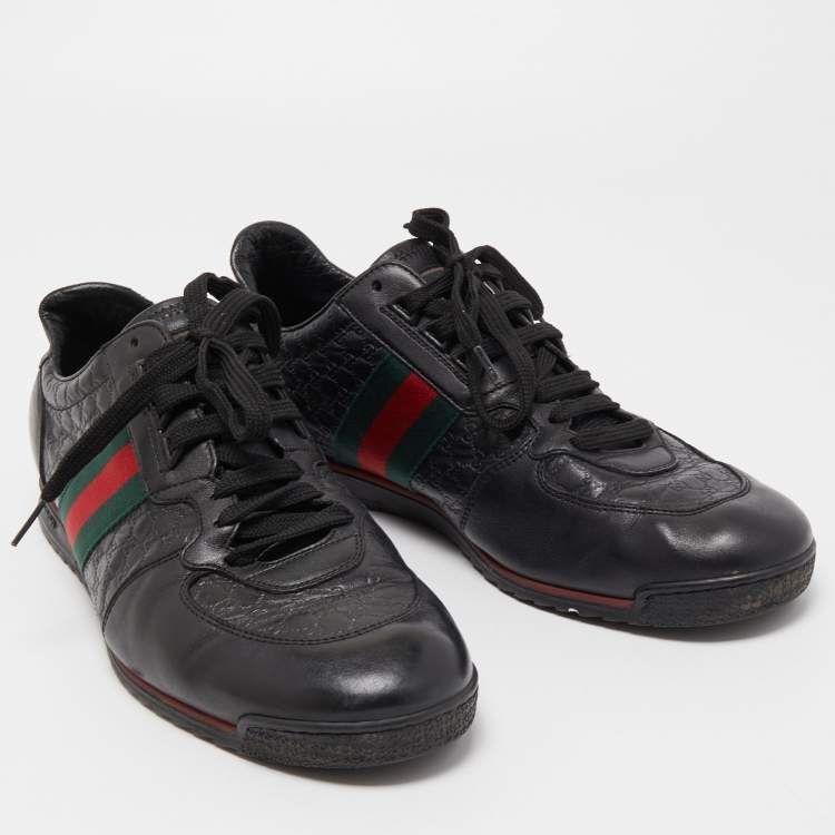 Pre Owned Gucci Black Guccissima Leather Web Low Top Sneakers Size 44