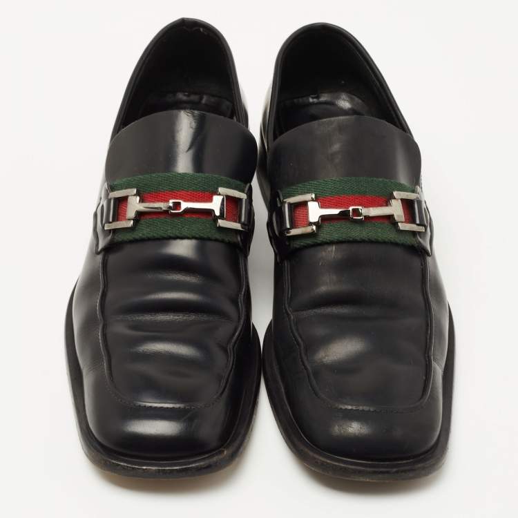 Pre Owned Gucci Black Leather Horsebit Web Detail Slip On Loafers Size 37