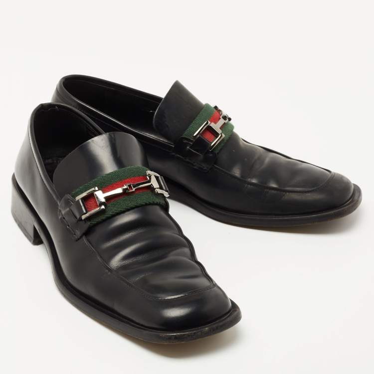 Pre Owned Gucci Black Leather Horsebit Web Detail Slip On Loafers Size 37