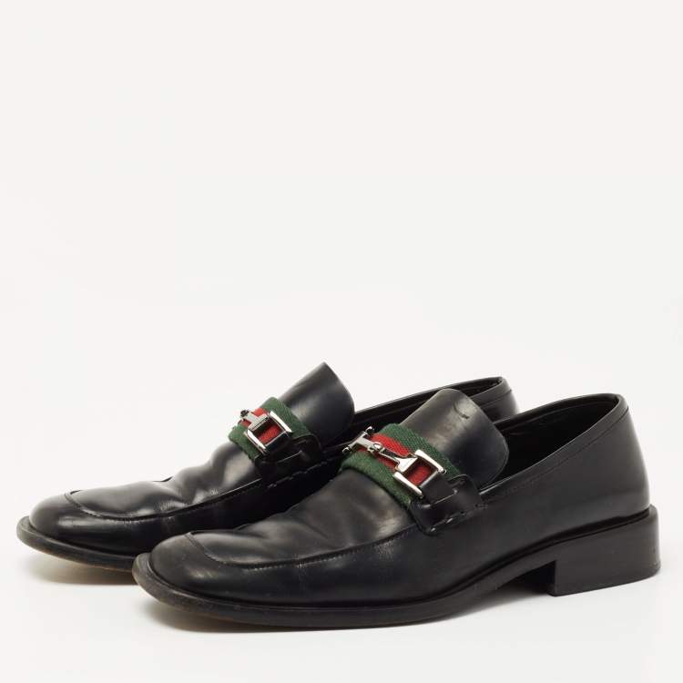 Gucci Black Leather Horsebit Web Detail Slip On Loafers Size 37 Gucci | TLC