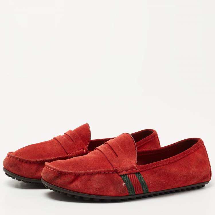 Touhou teleskop Lake Taupo Gucci Red Suede Web Trim Penny Loafers Size 40.5 Gucci | TLC