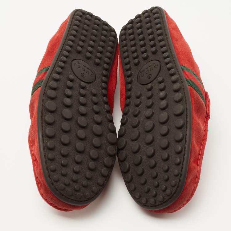 Pre Owned Gucci Red Suede Web Trim Penny Loafers Size 40.5