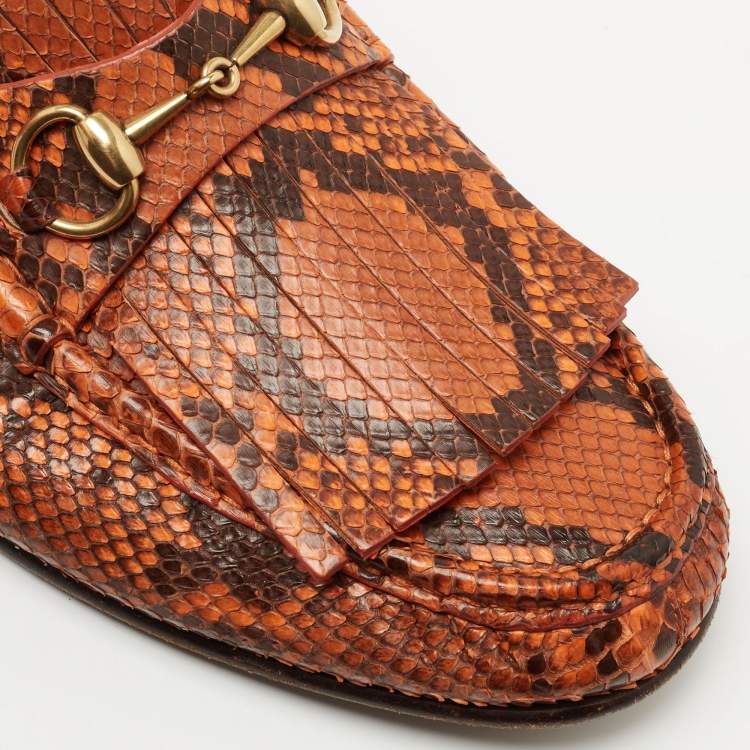 Pre Owned Gucci Orange/Brown Python Fringes Horsebit Slip On Loafers Size 43.5 