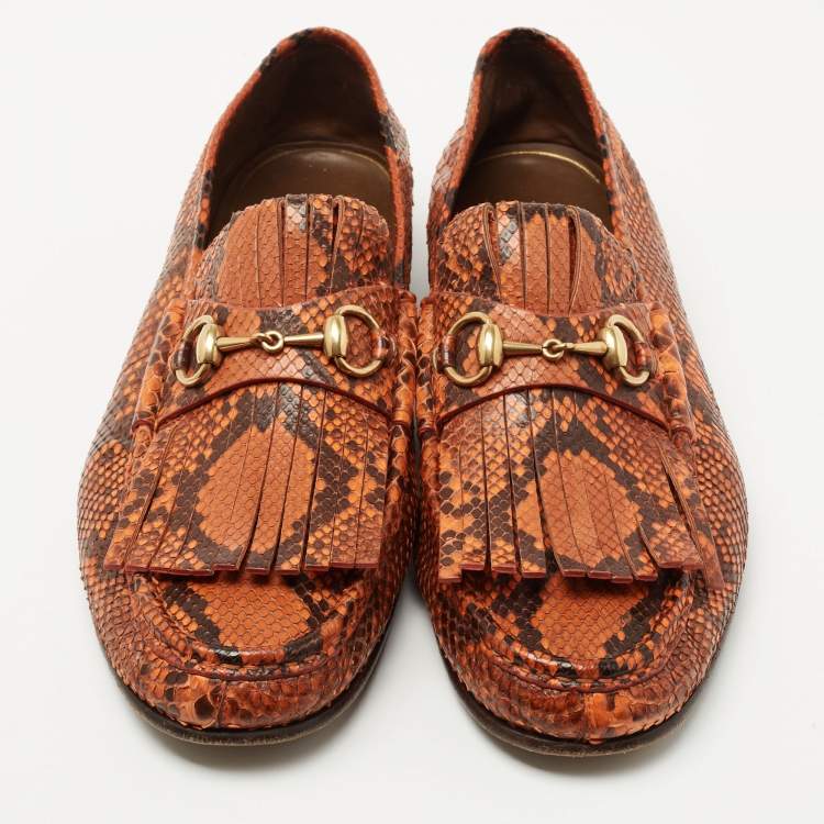 Pre Owned Gucci Orange/Brown Python Fringes Horsebit Slip On Loafers Size 43.5 