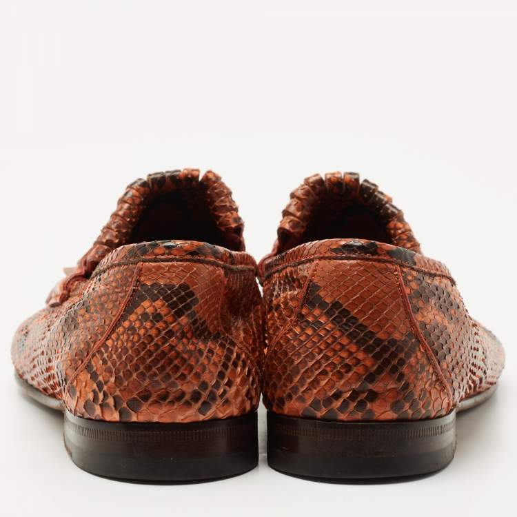 Pre Owned Gucci Orange/Brown Python Fringes Horsebit Slip On Loafers Size 43.5 