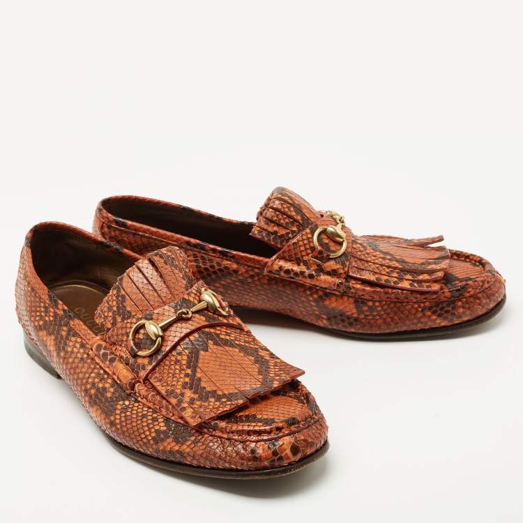 Pre Owned Gucci Orange/Brown Python Fringes Horsebit Slip On Loafers Size 43.5 
