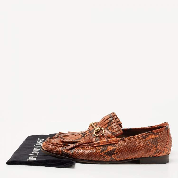 Pre Owned Gucci Orange/Brown Python Fringes Horsebit Slip On Loafers Size 43.5 