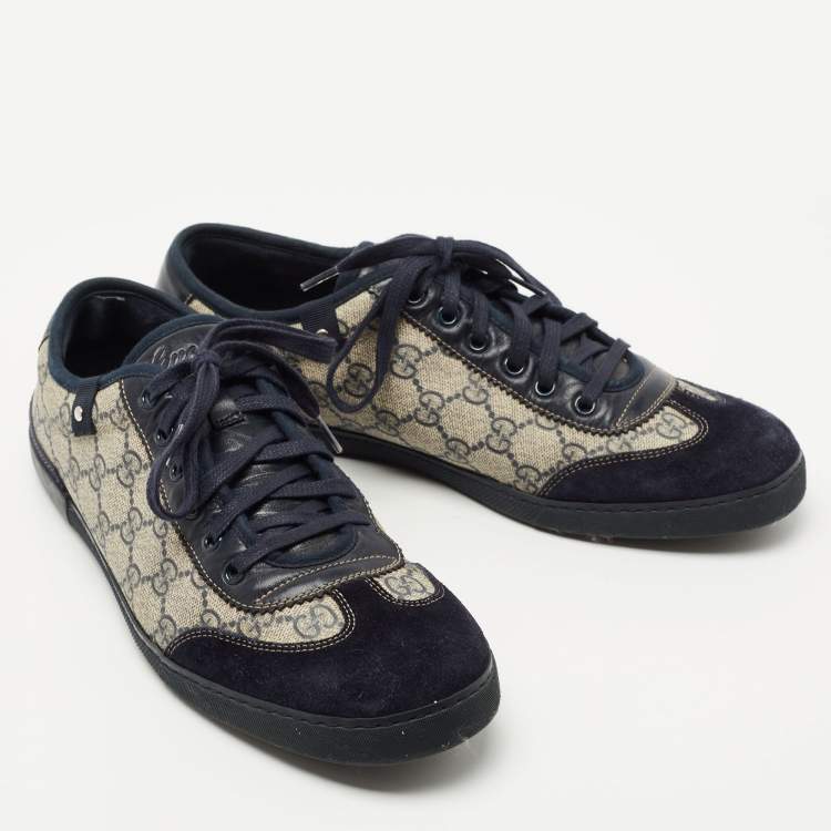 Pre Owned Gucci Navy Blue/Beige Suede and GG Canvas Low Top Sneakers Size 42