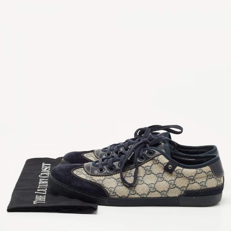 Pre Owned Gucci Navy Blue/Beige Suede and GG Canvas Low Top Sneakers Size 42