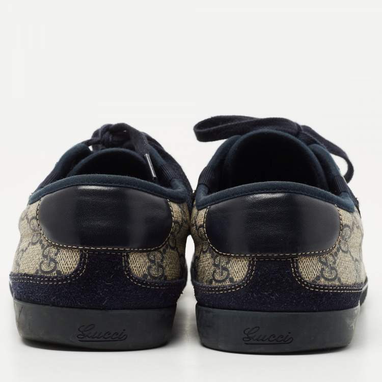 Pre Owned Gucci Navy Blue/Beige Suede and GG Canvas Low Top Sneakers Size 42