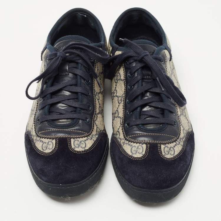 Pre Owned Gucci Navy Blue/Beige Suede and GG Canvas Low Top Sneakers Size 42