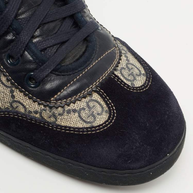 Pre Owned Gucci Navy Blue/Beige Suede and GG Canvas Low Top Sneakers Size 42