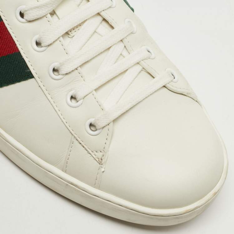 Pre Owned Gucci White Leather and Snake Embossed Ace Lace Up Sneakers Size Size 45.5