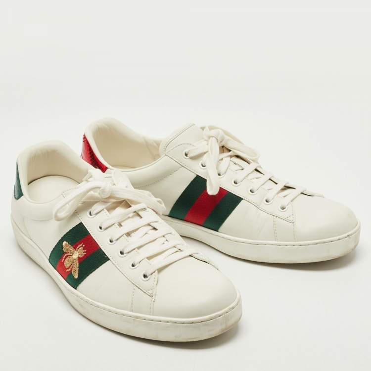 Pre Owned Gucci White Leather and Snake Embossed Ace Lace Up Sneakers Size Size 45.5