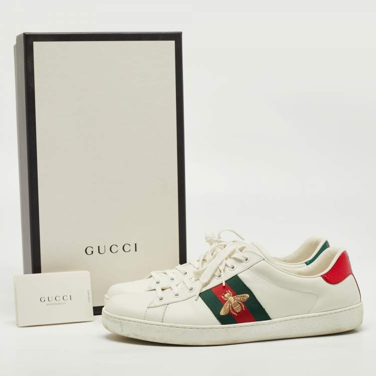 Pre Owned Gucci White Leather and Snake Embossed Ace Lace Up Sneakers Size Size 45.5