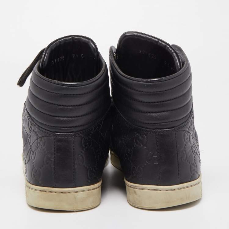 Pre Owned Gucci Black Guccissima Leather Web Detail High Top Sneakers Size 43.5