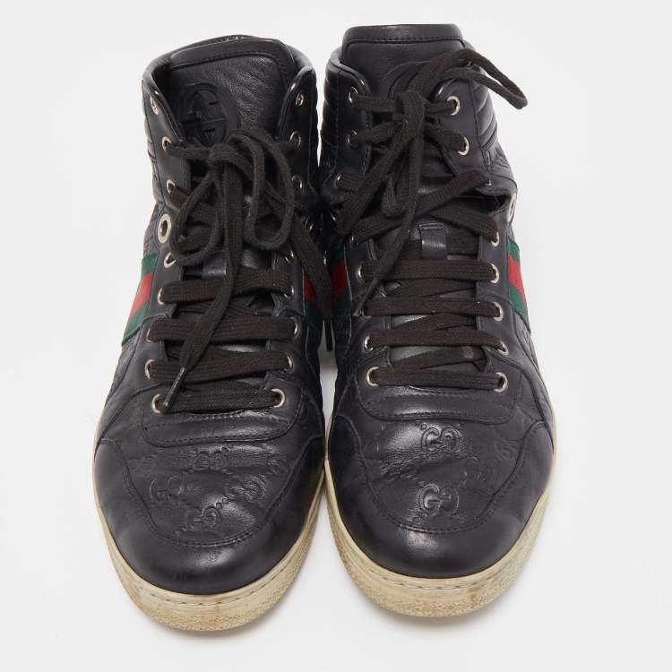 Pre Owned Gucci Black Guccissima Leather Web Detail High Top Sneakers Size 43.5
